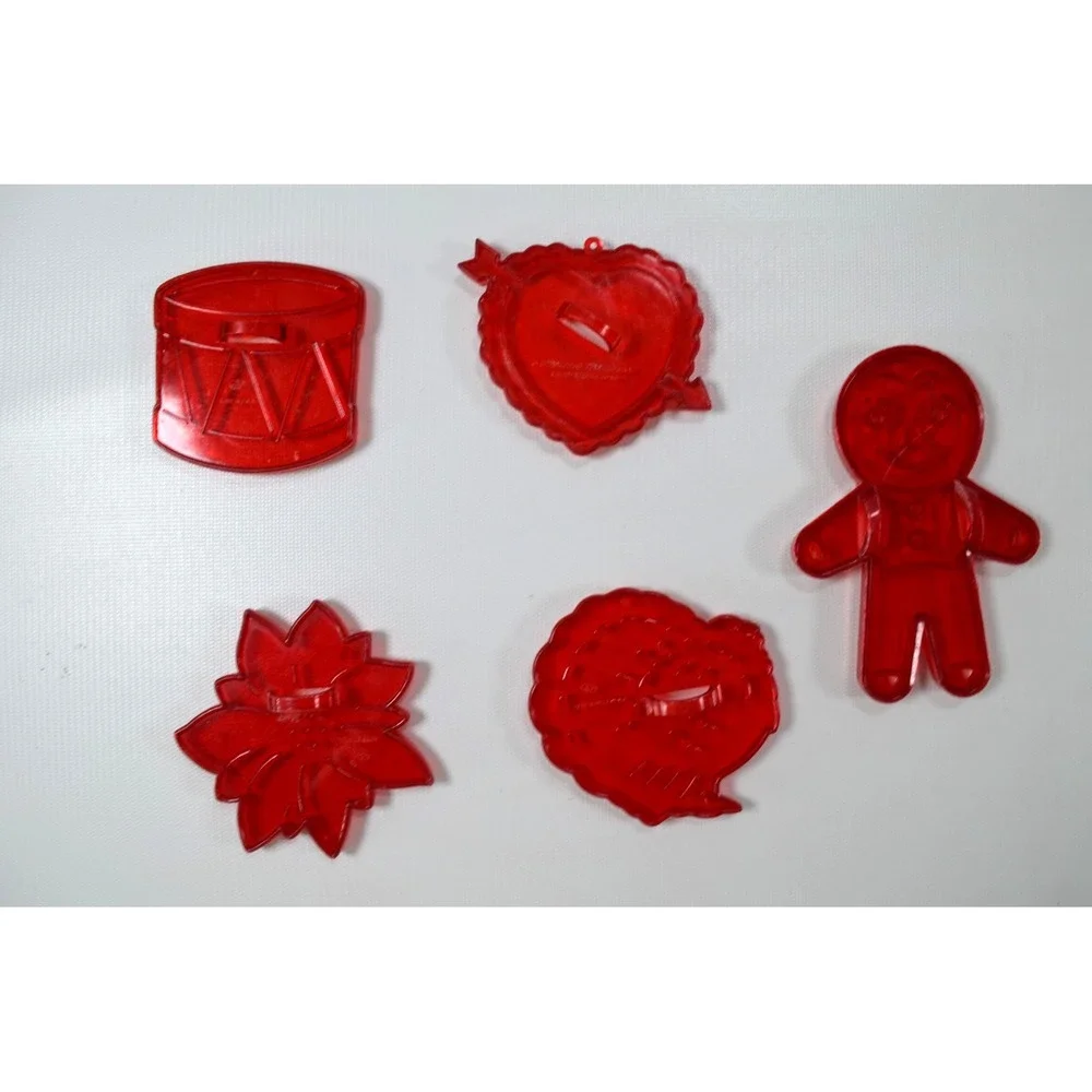 Lot of 5 Vintage Holiday Red Plastic Cookie Cutters Heart,‎ Drum, Flower, Turkey